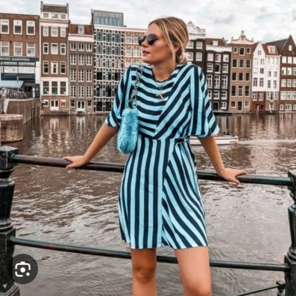 Topshop navy and light blue diagonal stripe dress